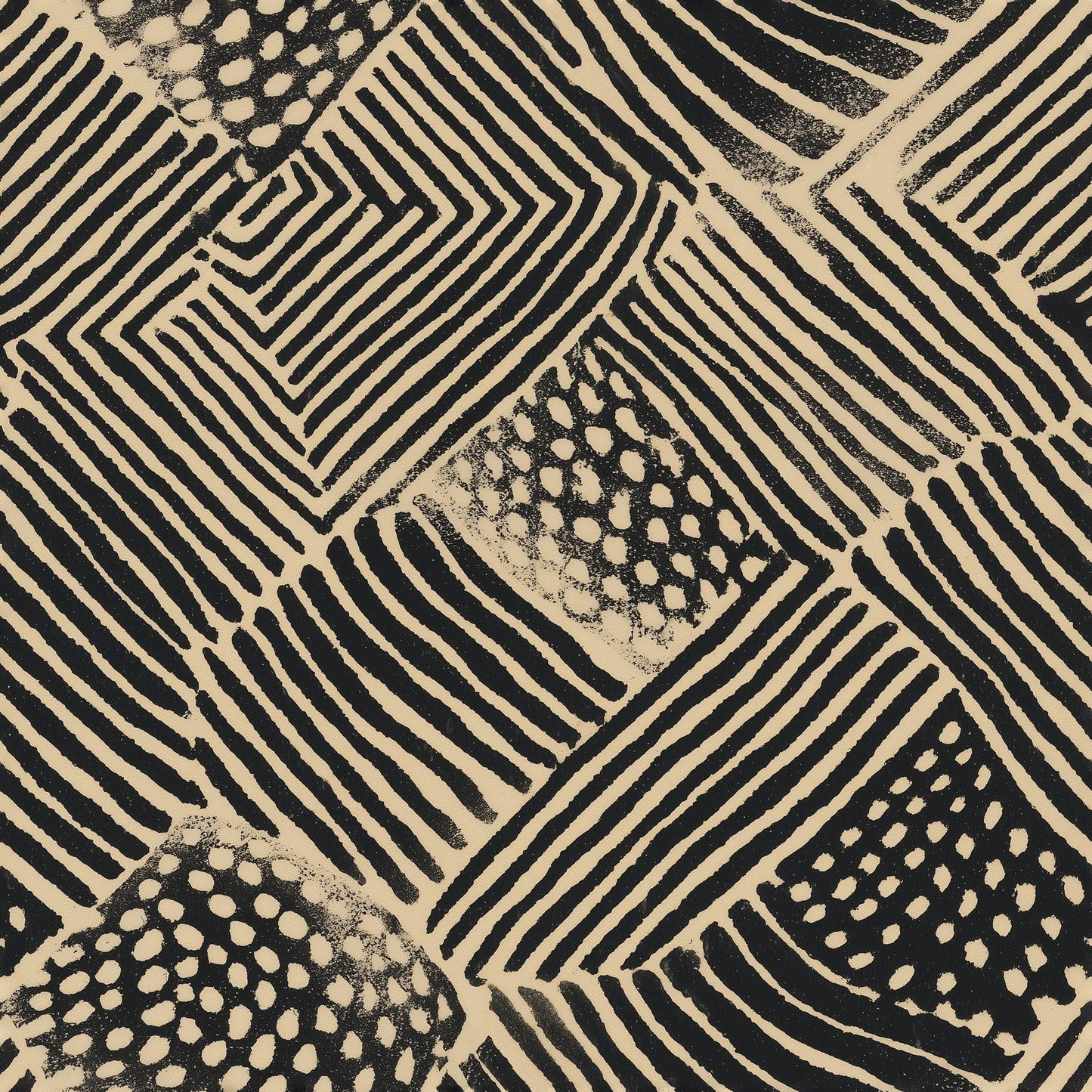 Primitive Linework Wallpaper Black Beige Geometric Block Print Wall Pattern
