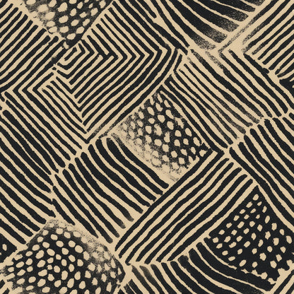 Primitive Linework Wallpaper Black Beige Geometric Block Print Wall Pattern