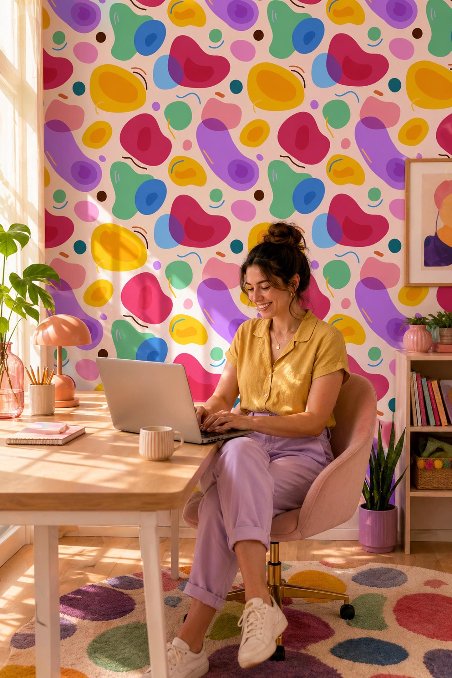 Colorful Abstract Shapes Wallpaper Retro Blob Pattern Modern Wall Decor