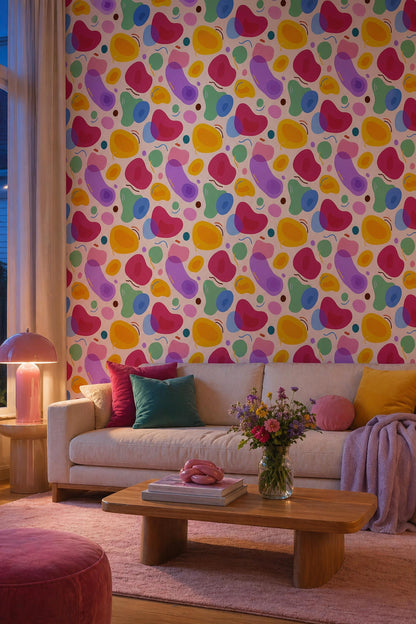 Colorful Abstract Shapes Wallpaper Retro Blob Pattern Modern Wall Decor