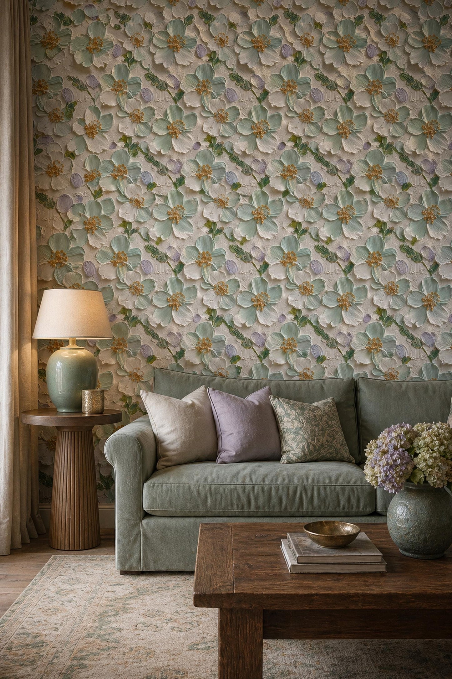 Textured Floral Wallpaper 3D Effect Sage Green Flower Luxury Wall Decor