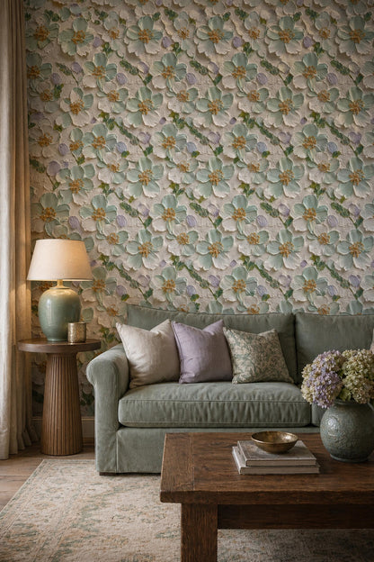 Textured Floral Wallpaper 3D Effect Sage Green Flower Luxury Wall Decor