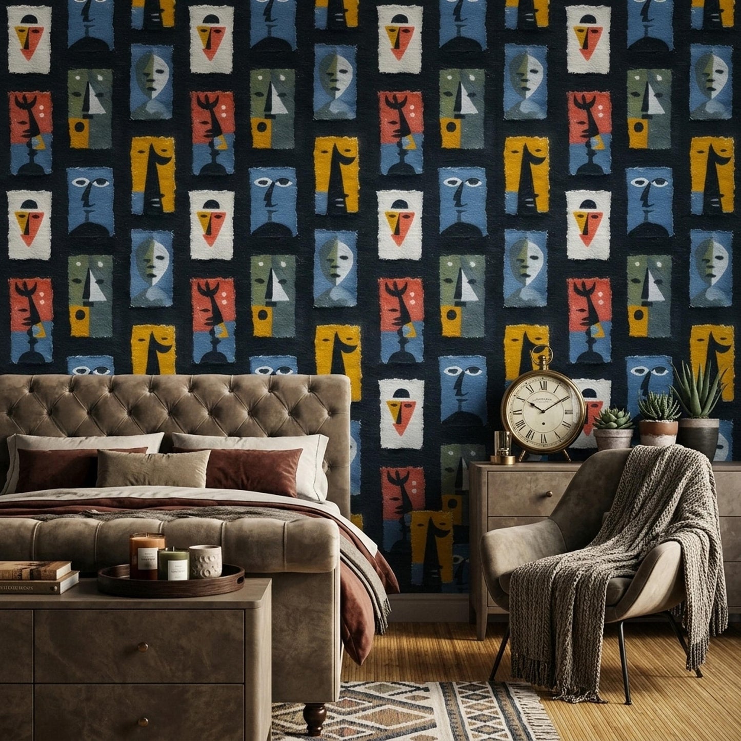 Abstract Faces Wallpaper Modern Art Pattern Mid Century Style Removable Peel Stick Decor