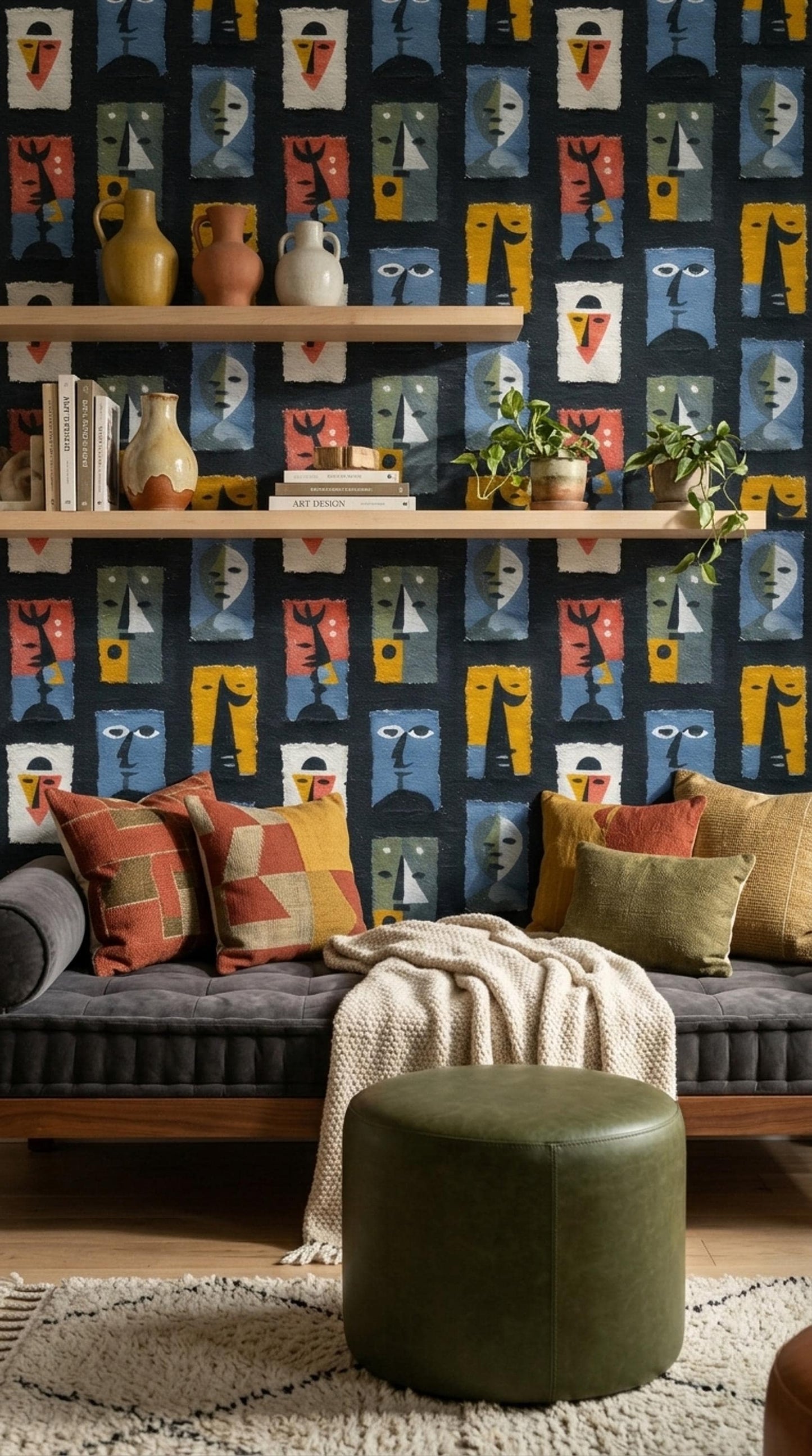 Abstract Faces Wallpaper Modern Art Pattern Mid Century Style Removable Peel Stick Decor