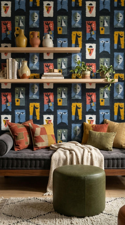 Abstract Faces Wallpaper Modern Art Pattern Mid Century Style Removable Peel Stick Decor
