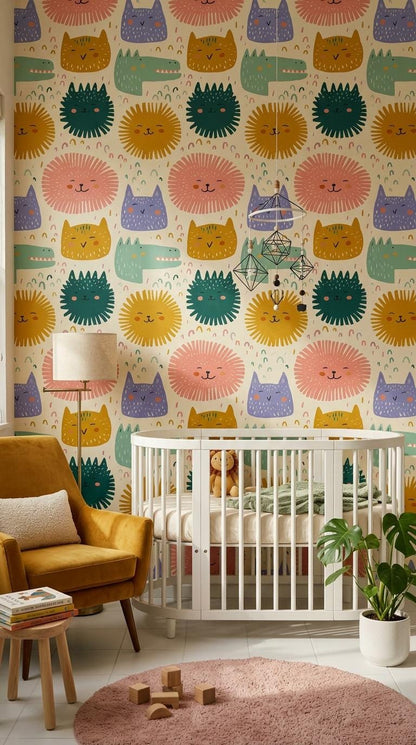 Playful Character Wallpaper for Nursery and Kids Room Modern Pattern Removable Wall Decor