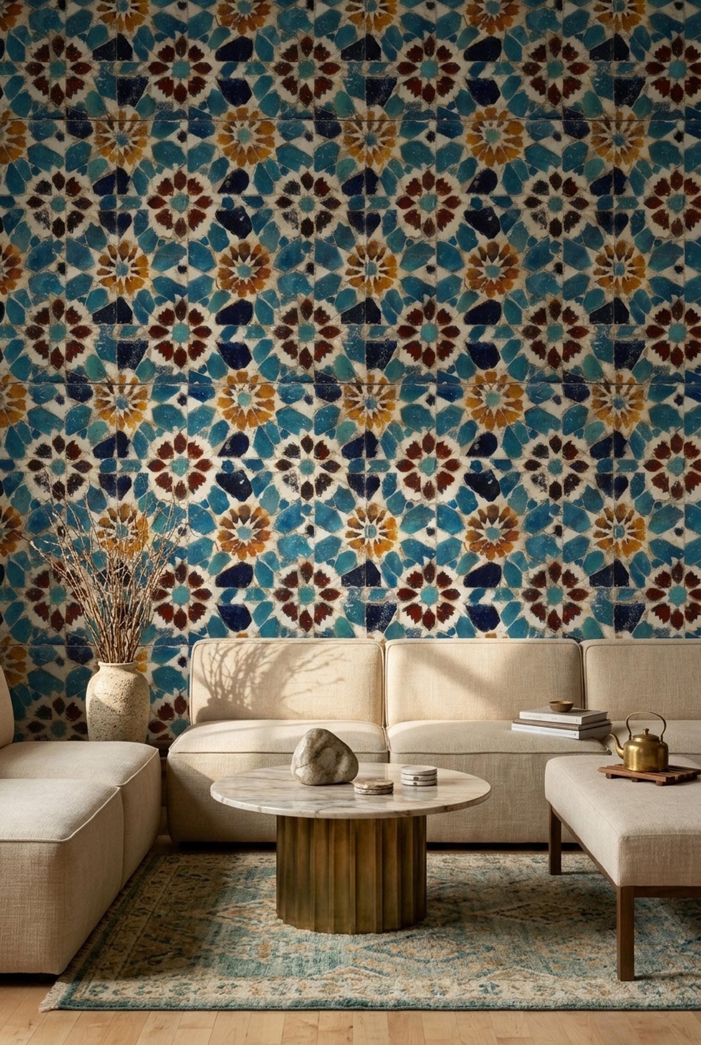 Moroccan Mosaic Wallpaper Blue Tile Pattern Mediterranean Wall Decor