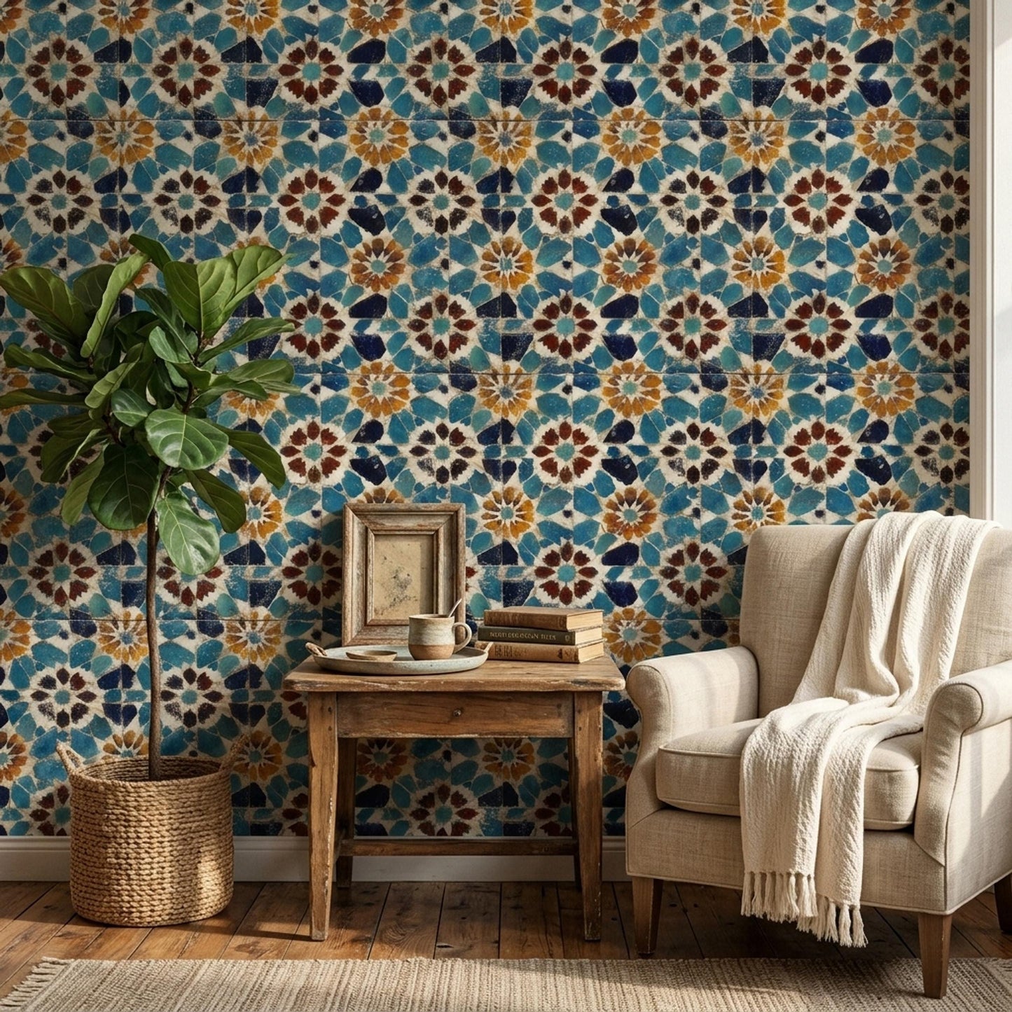 Moroccan Mosaic Wallpaper Blue Tile Pattern Mediterranean Wall Decor