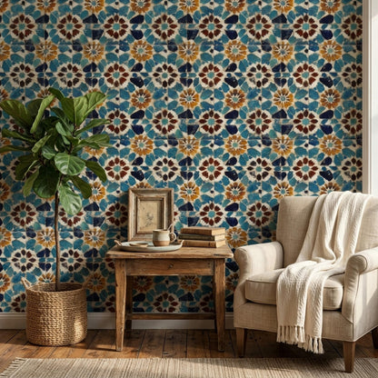 Moroccan Mosaic Wallpaper Blue Tile Pattern Mediterranean Wall Decor