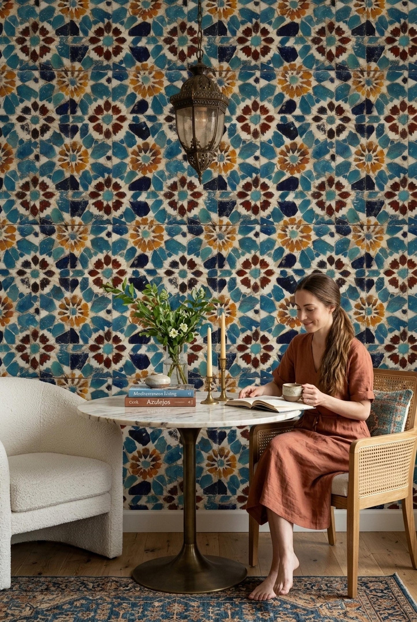 Moroccan Mosaic Wallpaper Blue Tile Pattern Mediterranean Wall Decor
