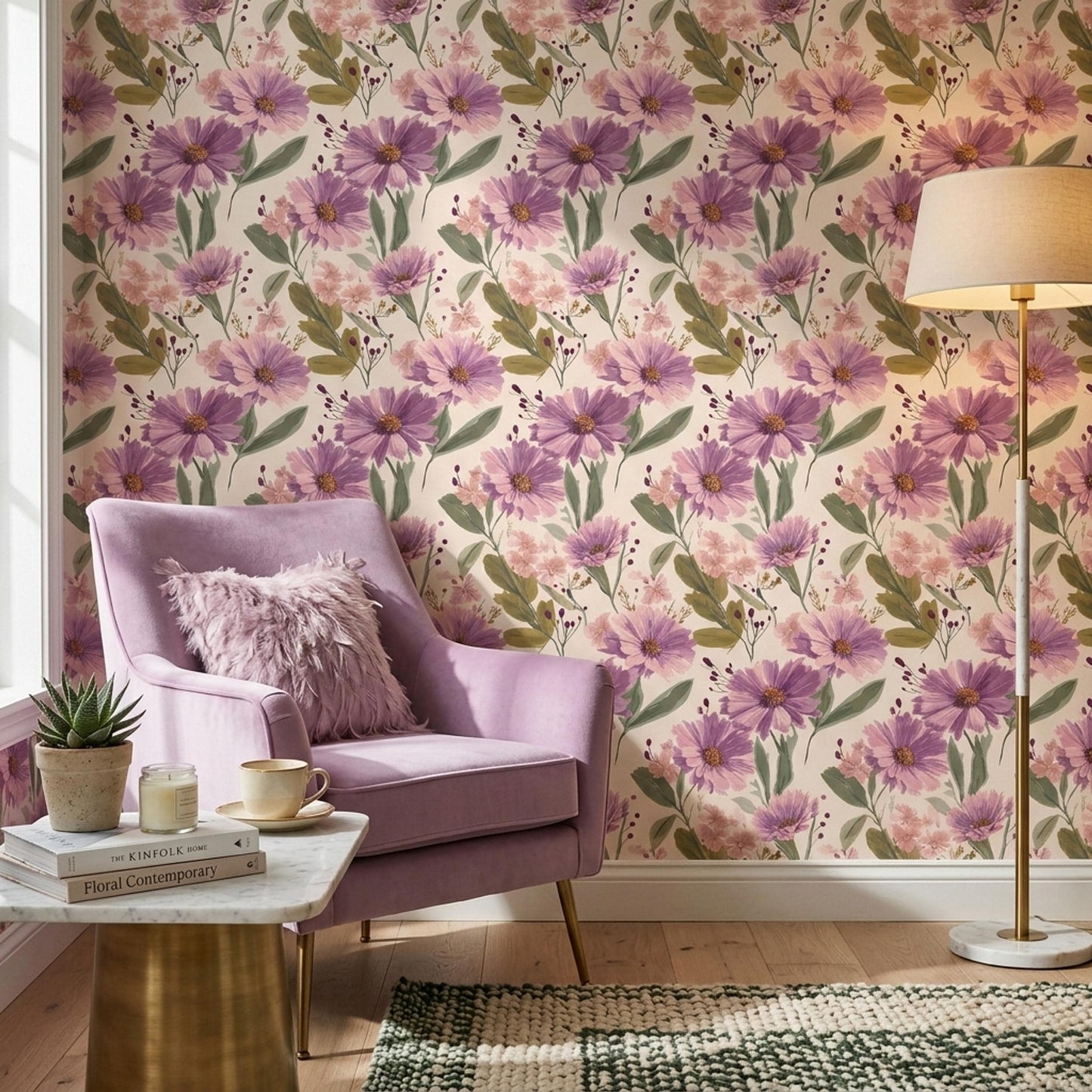 Soft Floral Wallpaper Blush Purple Botanical Pattern Elegant Modern Wall Decor