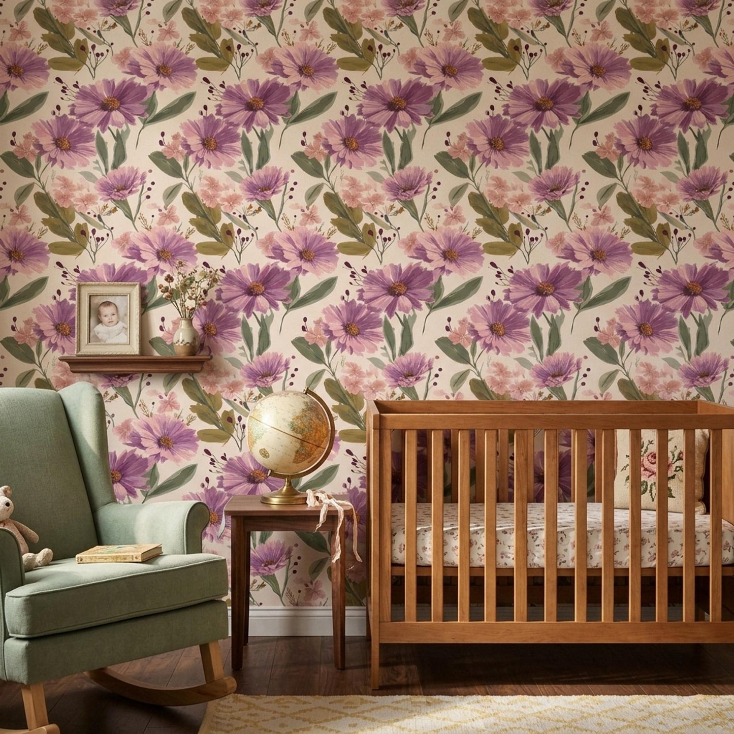 Soft Floral Wallpaper Blush Purple Botanical Pattern Elegant Modern Wall Decor