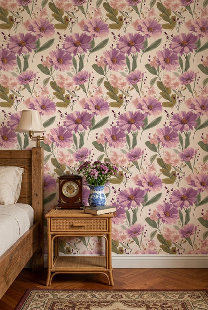 Soft Floral Wallpaper Blush Purple Botanical Pattern Elegant Modern Wall Decor