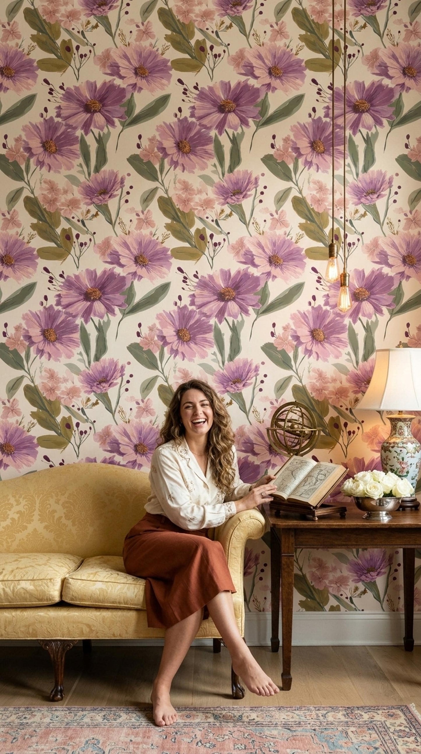 Soft Floral Wallpaper Blush Purple Botanical Pattern Elegant Modern Wall Decor