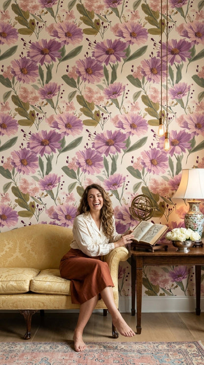 Soft Floral Wallpaper Blush Purple Botanical Pattern Elegant Modern Wall Decor