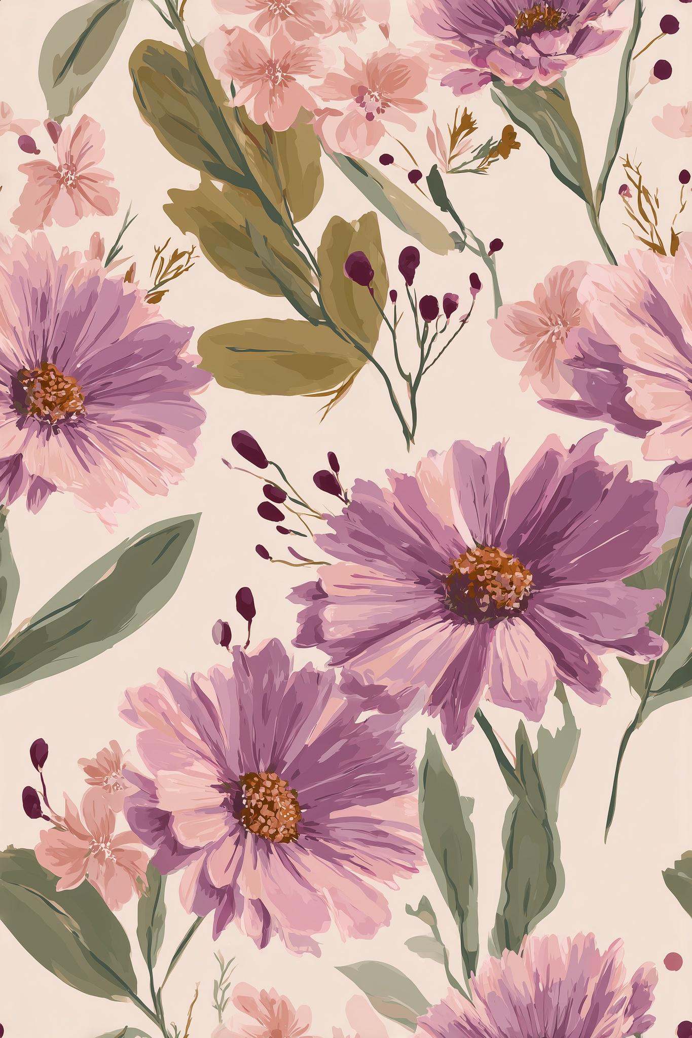 Soft Floral Wallpaper Blush Purple Botanical Pattern Elegant Modern Wall Decor