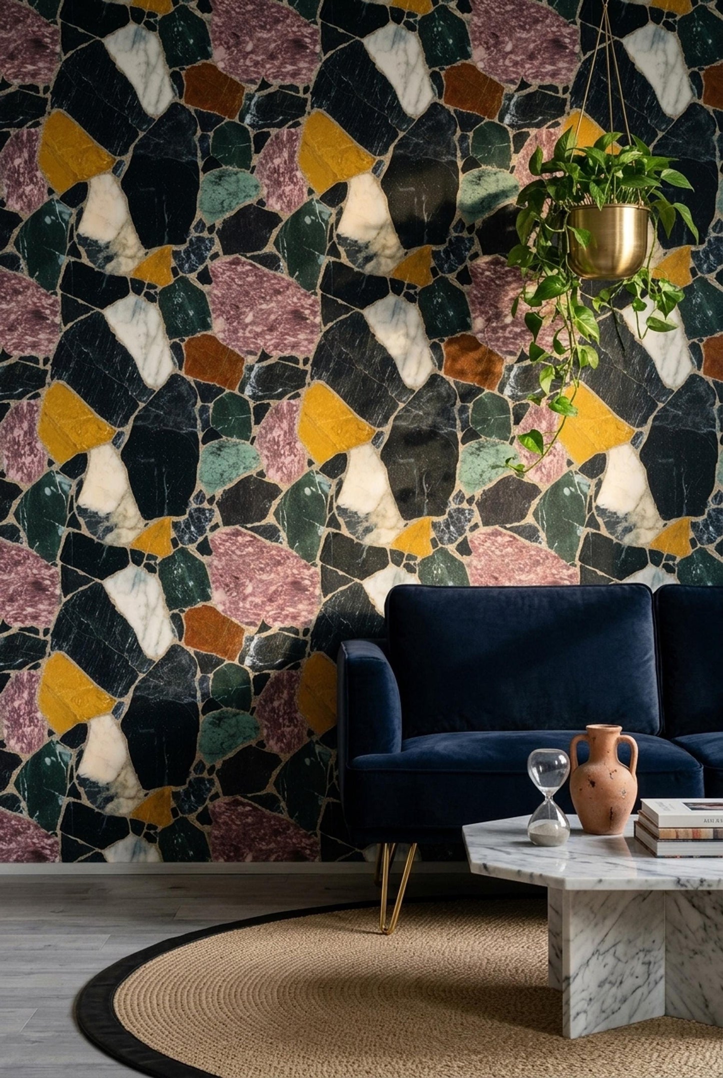 Dark Terrazzo Wallpaper Marble Stone Pattern Modern Luxury Wall Decor Interior Design