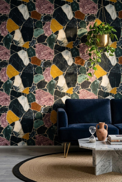 Dark Terrazzo Wallpaper Marble Stone Pattern Modern Luxury Wall Decor Interior Design