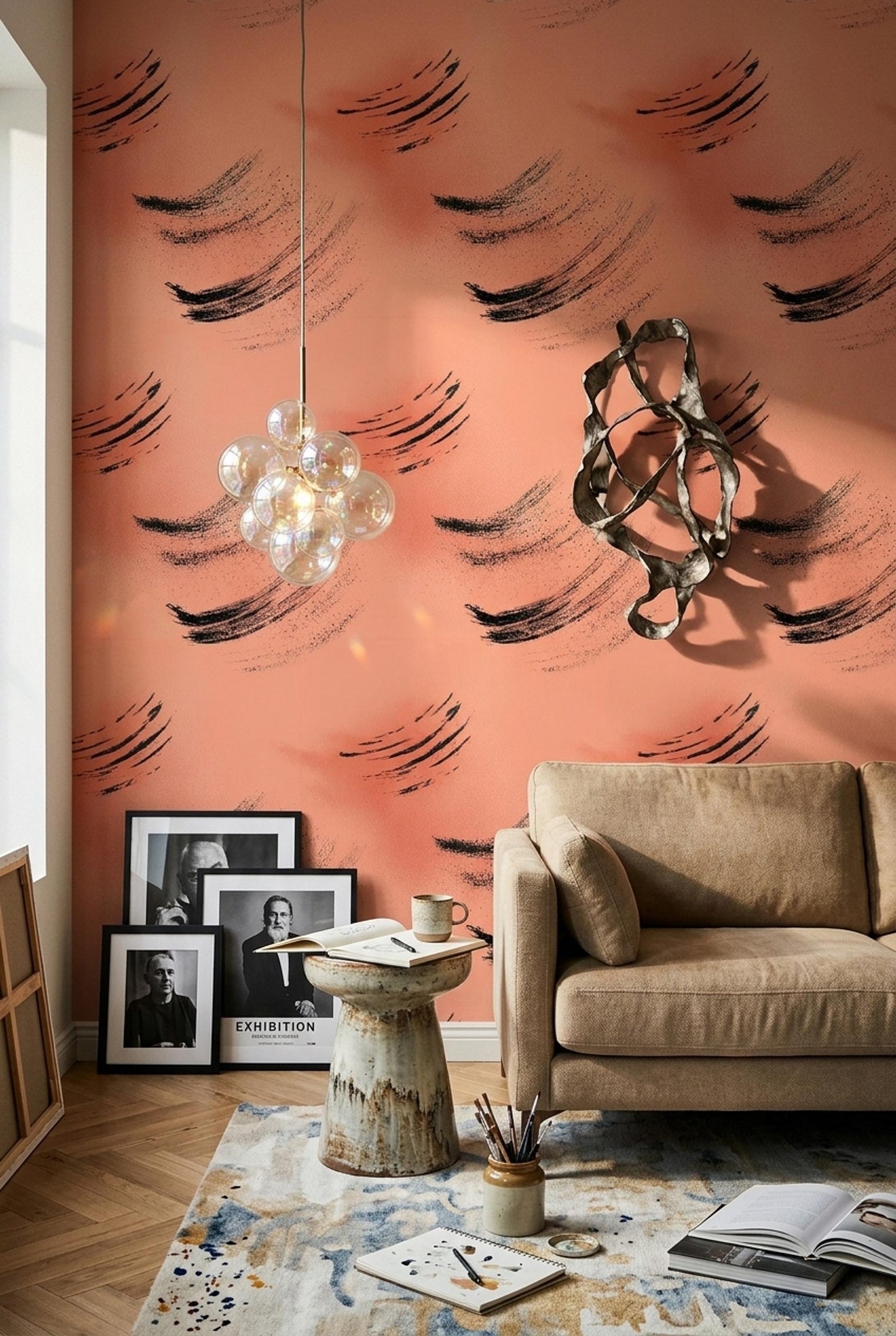 Abstract Brush Stroke Wallpaper Terracotta Modern Art Pattern Contemporary Wall Design