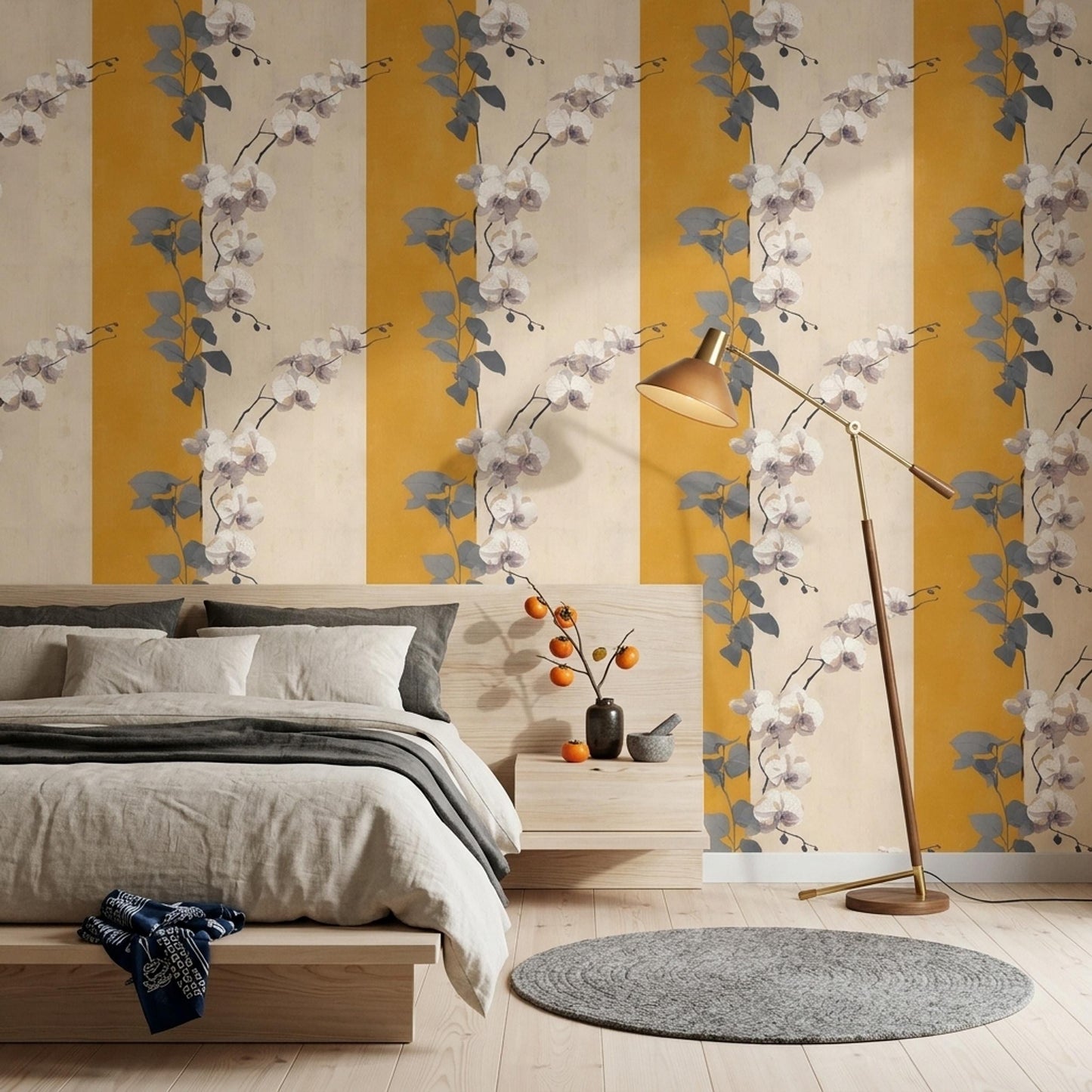 Golden Stripe Orchid Wallpaper Japandi Floral Pattern Neutral Botanical Wall Decor
