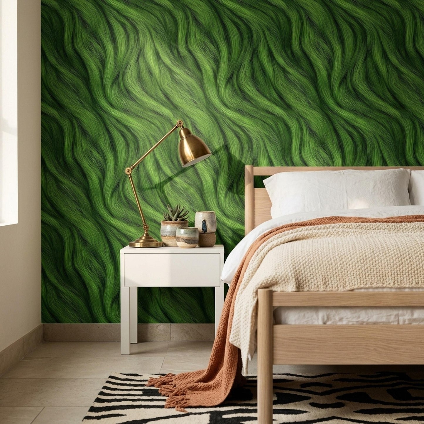 Green Textured Wave Wallpaper Organic Flow Pattern Modern Nature Wall Decor