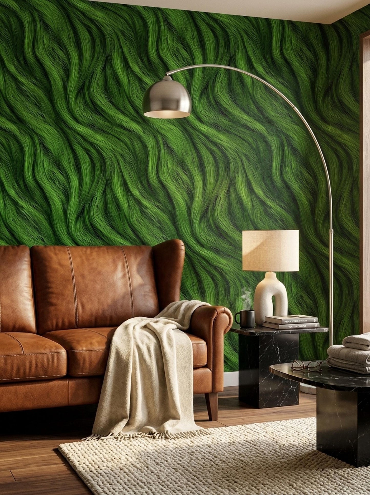 Green Textured Wave Wallpaper Organic Flow Pattern Modern Nature Wall Decor