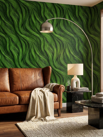 Green Textured Wave Wallpaper Organic Flow Pattern Modern Nature Wall Decor