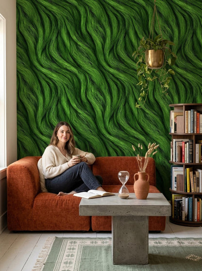 Green Textured Wave Wallpaper Organic Flow Pattern Modern Nature Wall Decor