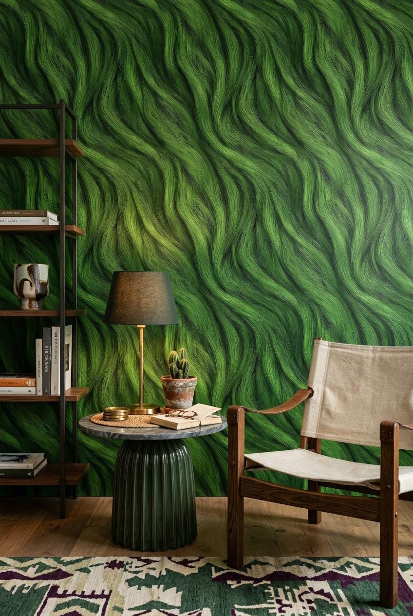 Green Textured Wave Wallpaper Organic Flow Pattern Modern Nature Wall Decor