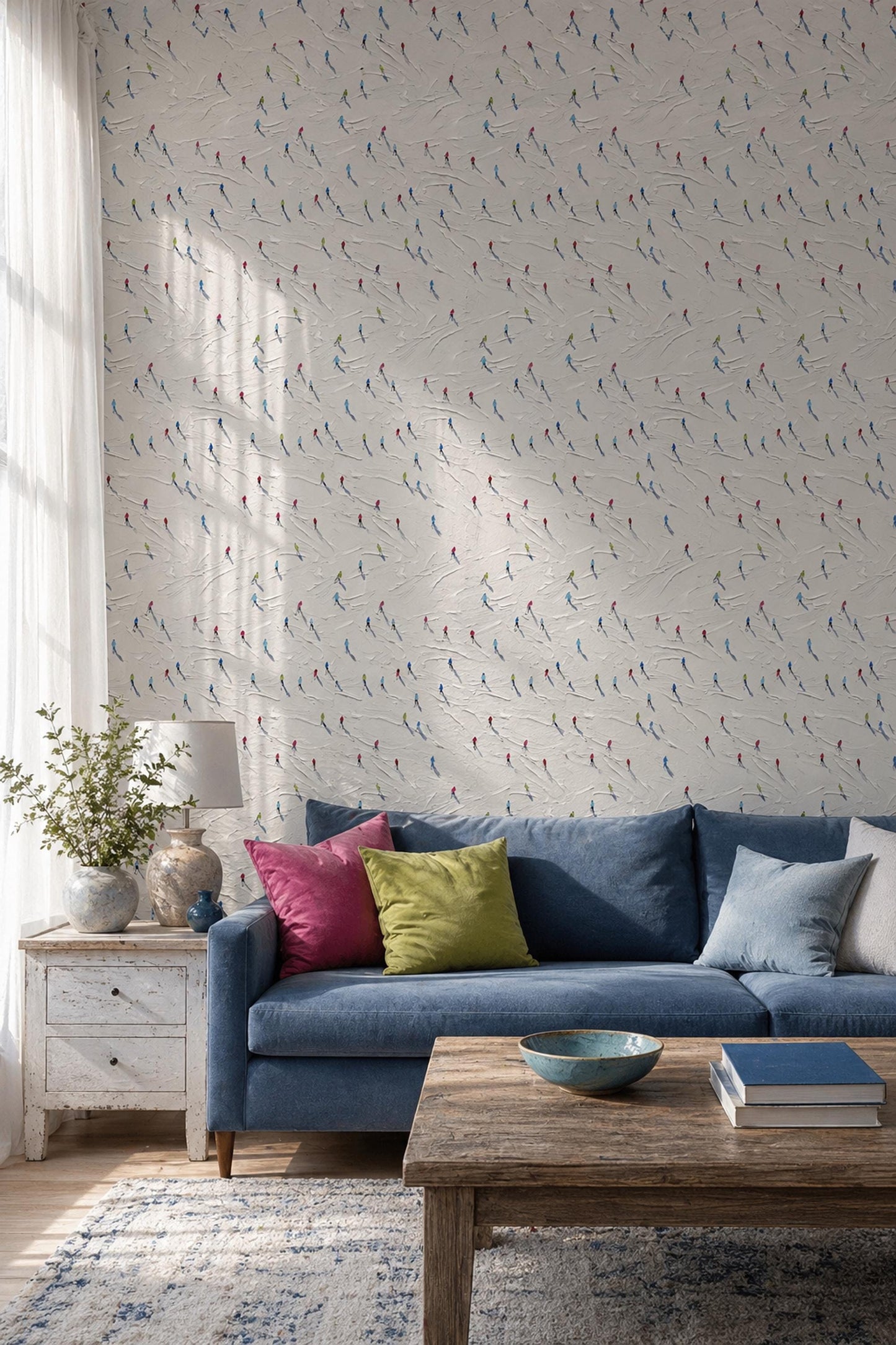 Skiers Pattern Wallpaper Minimal Snow Texture Winter Sport Wall Decor