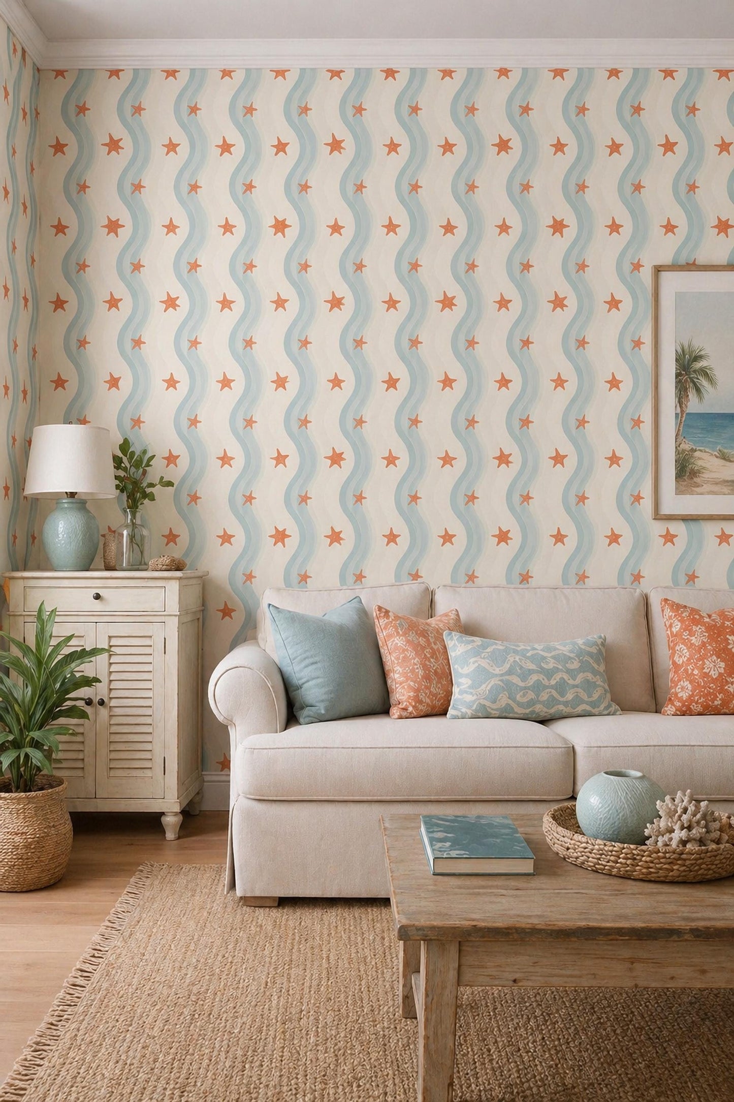 Coastal Starfish Wallpaper Wavy Stripe Beach House Pattern Wall Decor
