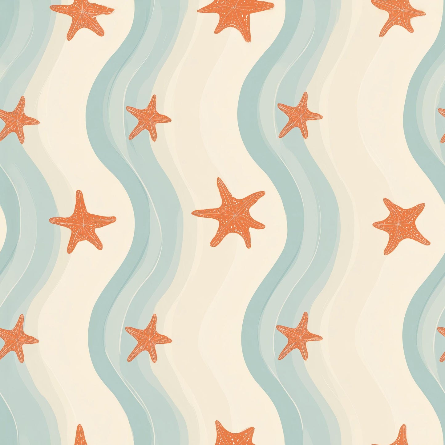 Coastal Starfish Wallpaper Wavy Stripe Beach House Pattern Wall Decor