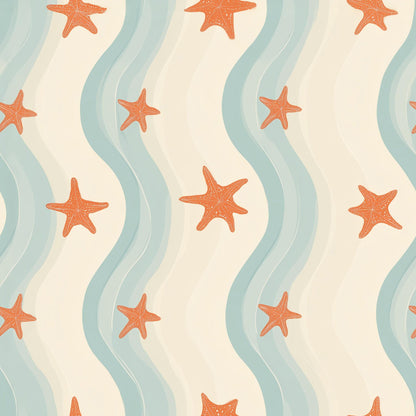 Coastal Starfish Wallpaper Wavy Stripe Beach House Pattern Wall Decor
