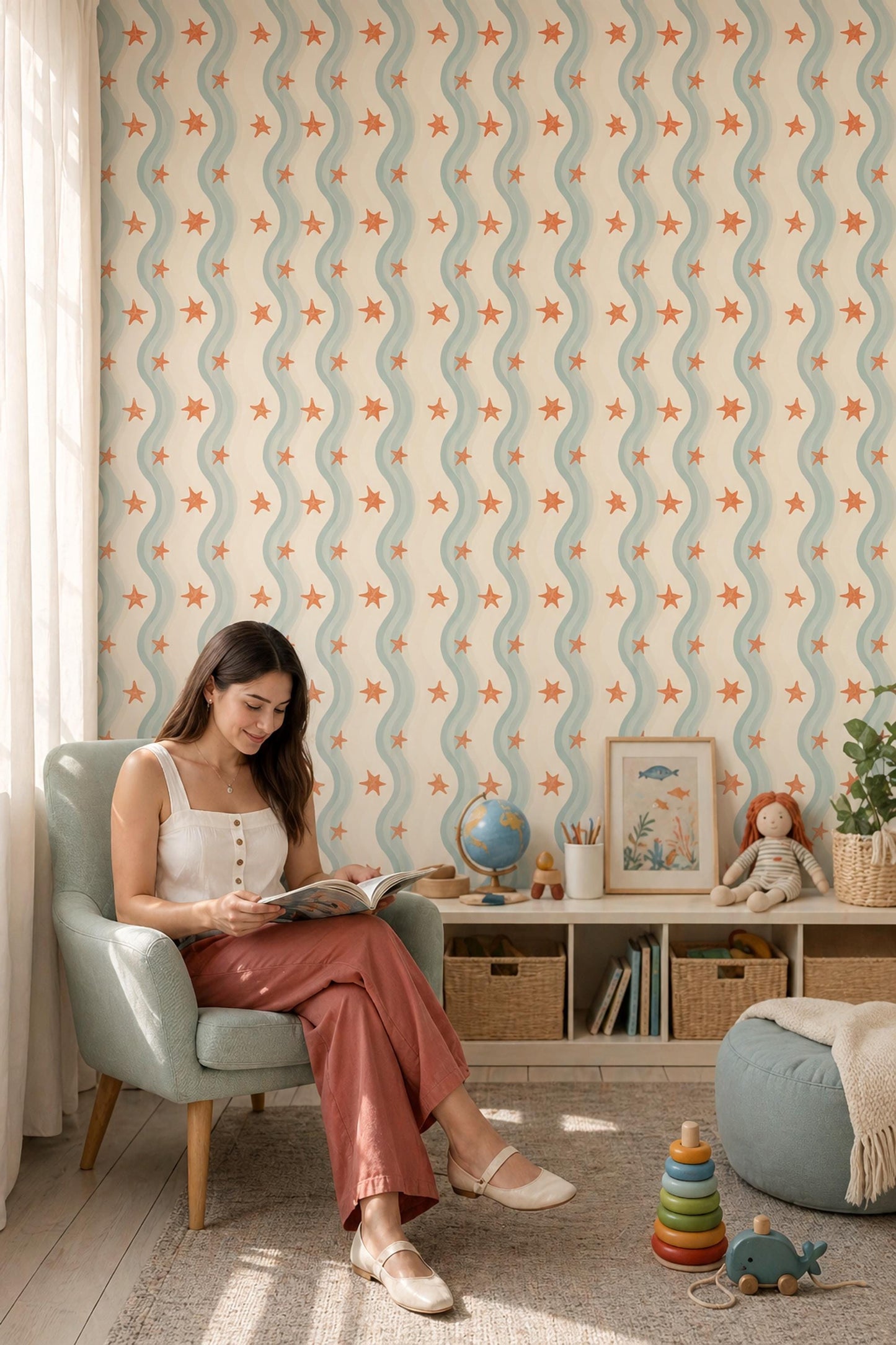 Coastal Starfish Wallpaper Wavy Stripe Beach House Pattern Wall Decor