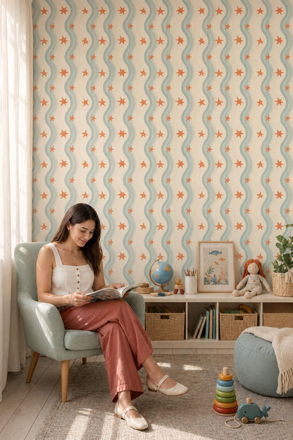 Coastal Starfish Wallpaper Wavy Stripe Beach House Pattern Wall Decor