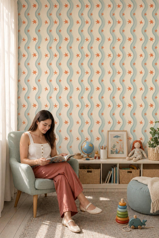 Coastal Starfish Wallpaper Wavy Stripe Beach House Pattern Wall Decor