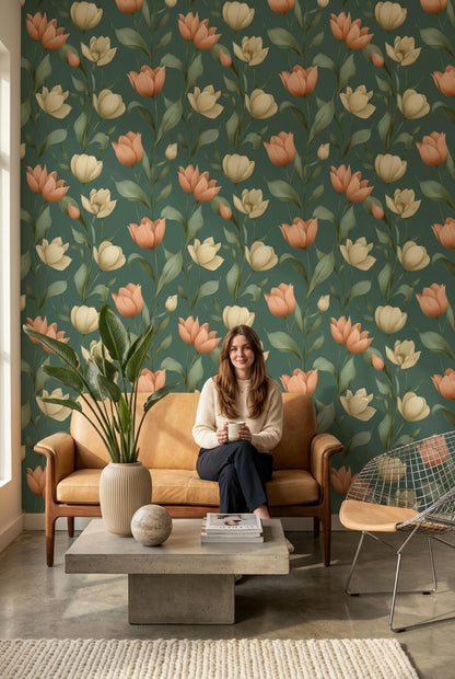 Tulip Pattern Wallpaper Green Floral Wall Design Elegant Botanical Home Decor
