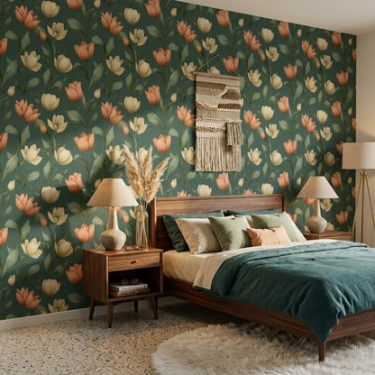 Tulip Pattern Wallpaper Green Floral Wall Design Elegant Botanical Home Decor