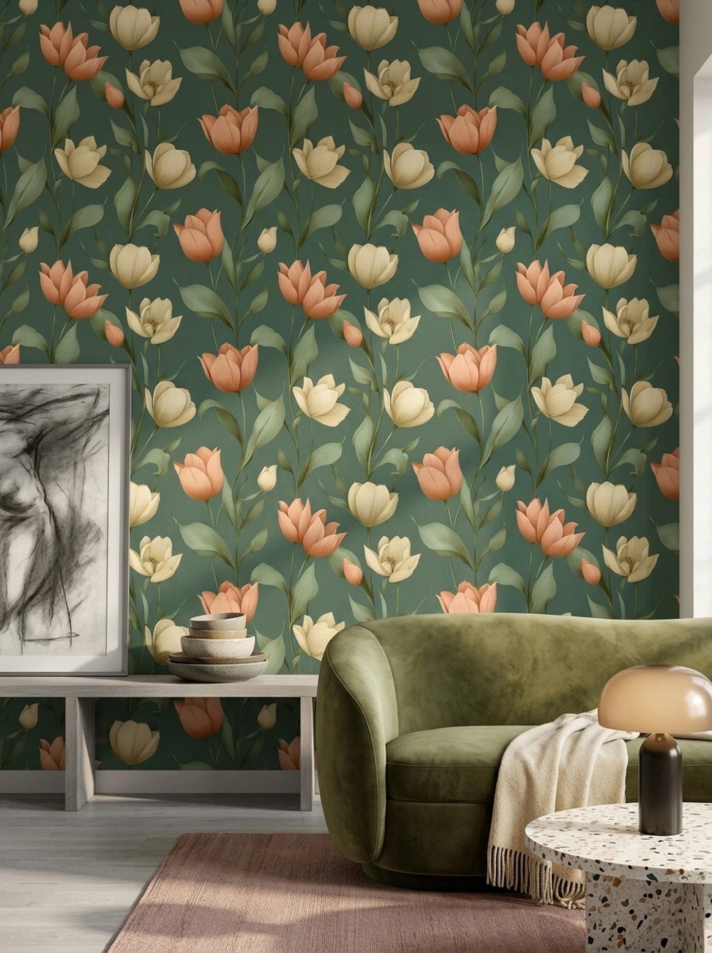 Tulip Pattern Wallpaper Green Floral Wall Design Elegant Botanical Home Decor