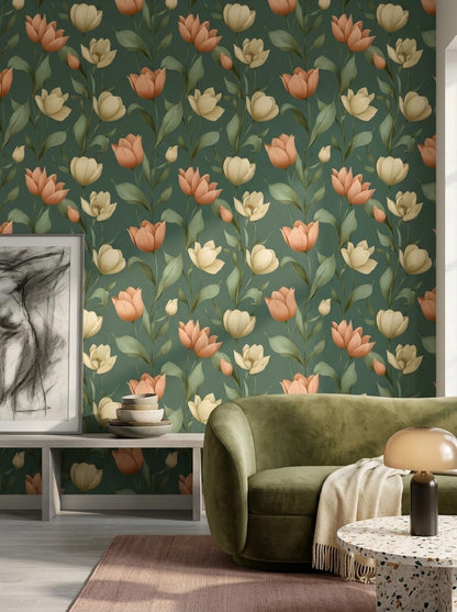 Tulip Pattern Wallpaper Green Floral Wall Design Elegant Botanical Home Decor