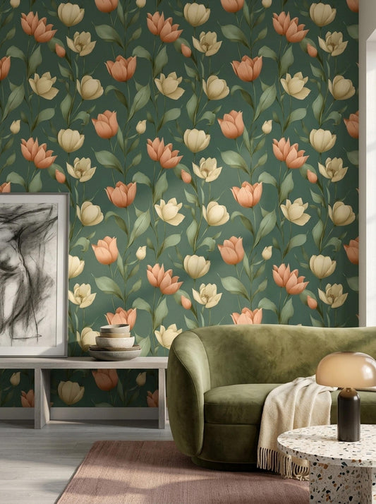 Tulip Pattern Wallpaper Green Floral Wall Design Elegant Botanical Home Decor