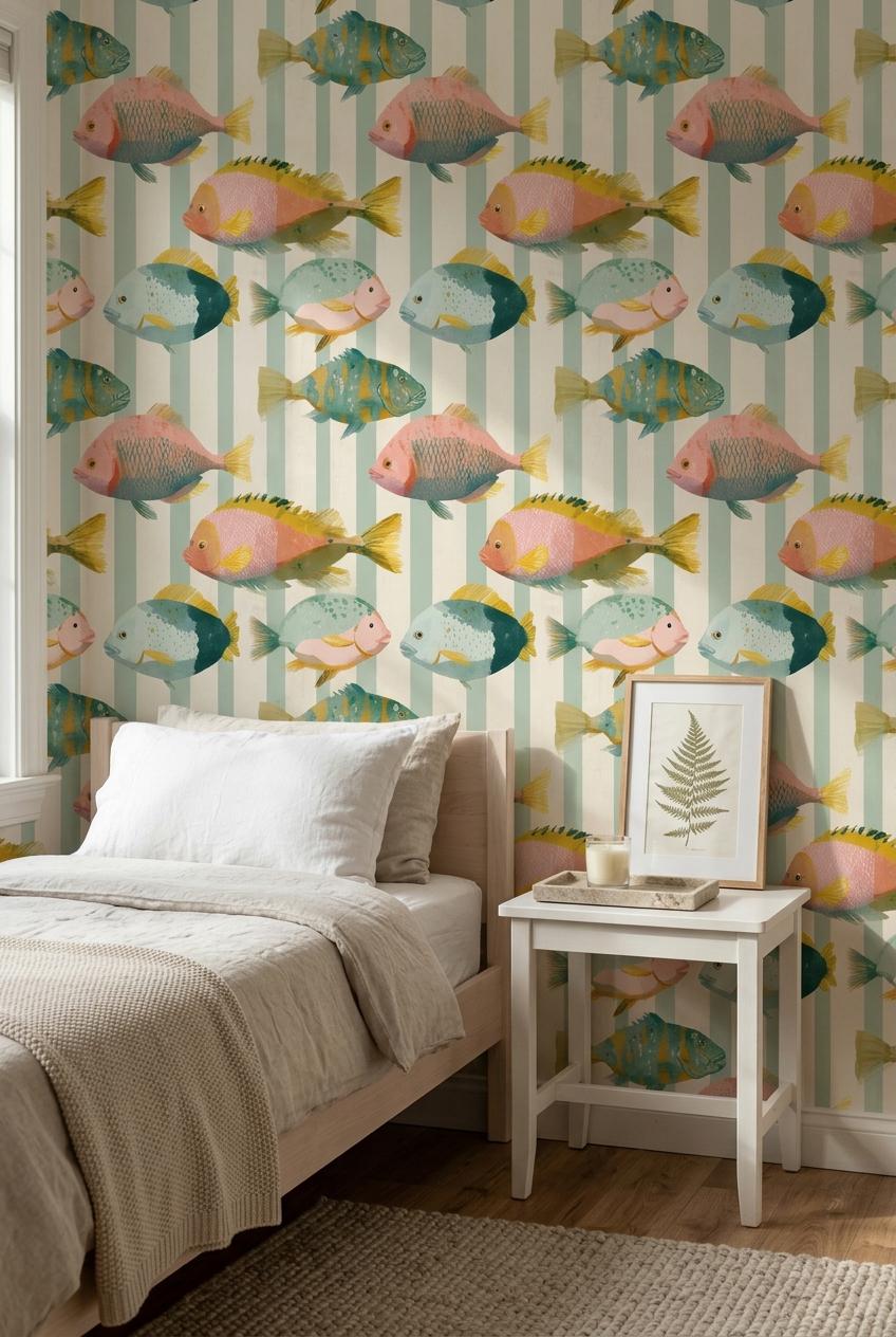 Colorful Fish Wallpaper Coastal Kids Room Pattern Ocean Nursery Wall Decor