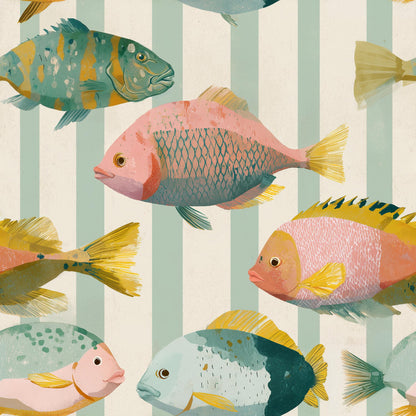 Colorful Fish Wallpaper Coastal Kids Room Pattern Ocean Nursery Wall Decor