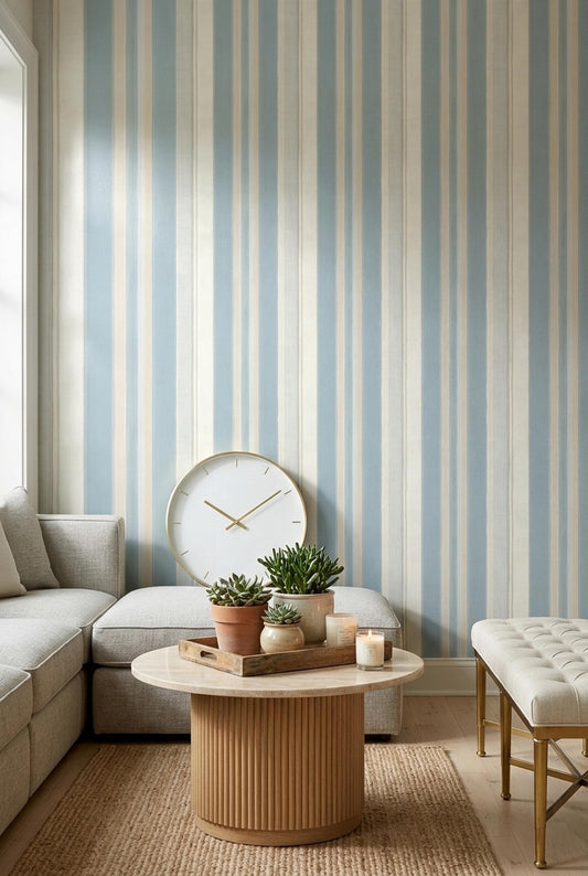 Soft Blue Striped Wallpaper Neutral Coastal Modern Minimal Wall Decor