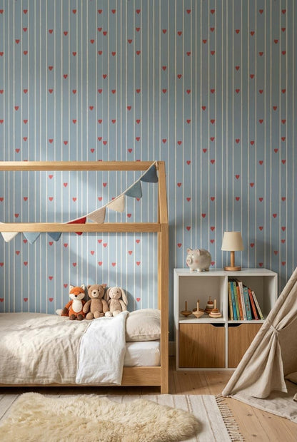 Blue Stripe Heart Pattern Wallpaper Nursery Decor Soft Scandi Kids Room Wall Design
