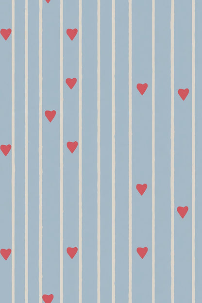 Blue Stripe Heart Pattern Wallpaper Nursery Decor Soft Scandi Kids Room Wall Design