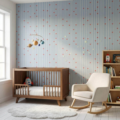 Blue Stripe Heart Pattern Wallpaper Nursery Decor Soft Scandi Kids Room Wall Design