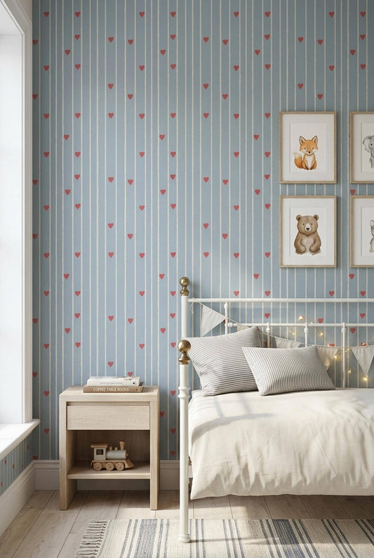 Blue Stripe Heart Pattern Wallpaper Nursery Decor Soft Scandi Kids Room Wall Design