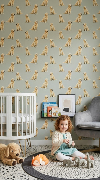 Golden Retriever Pattern Wallpaper Soft Green Dog Lover Wall Design Modern Decor