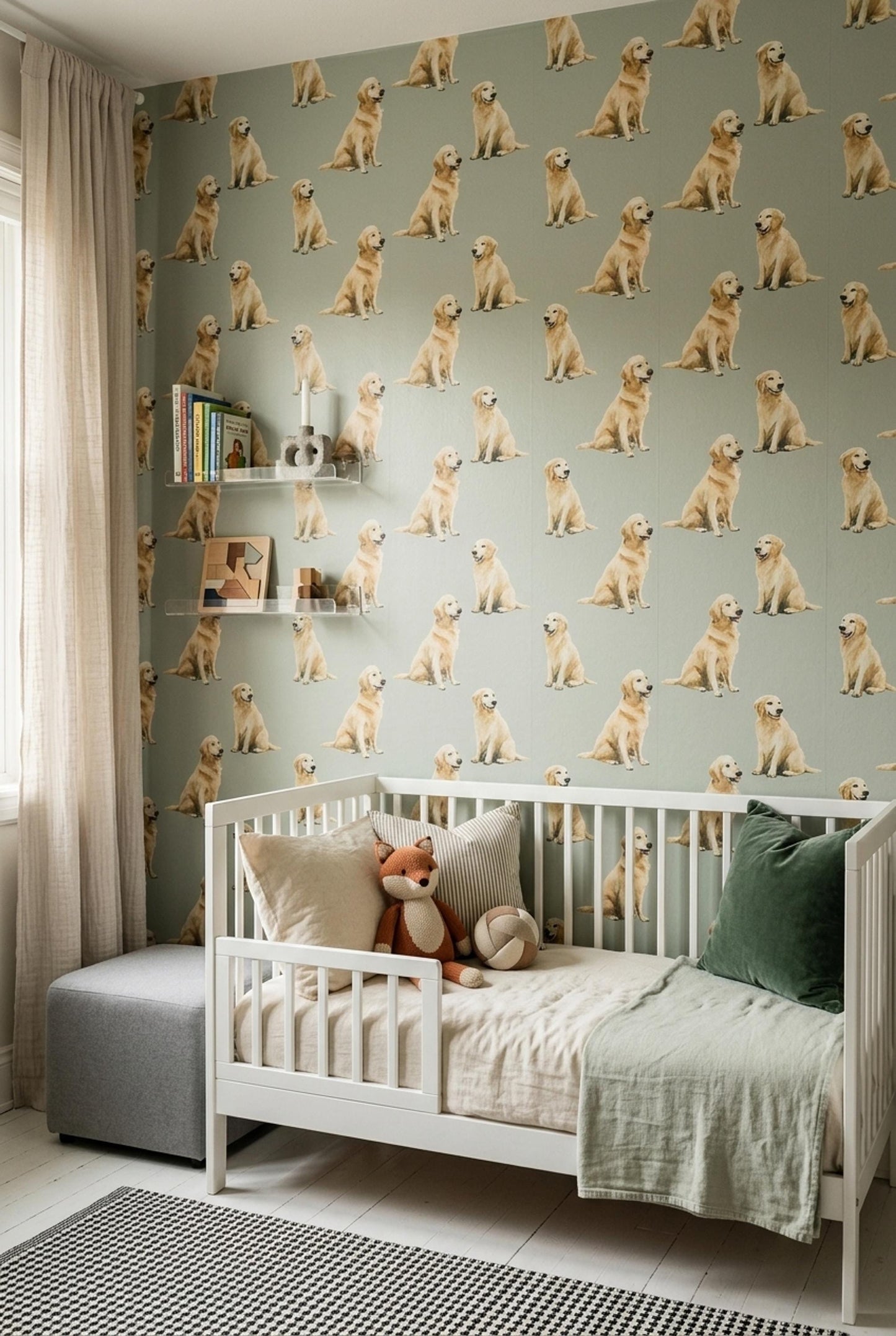 Golden Retriever Pattern Wallpaper Soft Green Dog Lover Wall Design Modern Decor